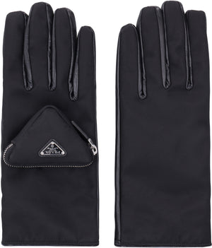 Re-Nylon and nappa leather gloves with pouch-1